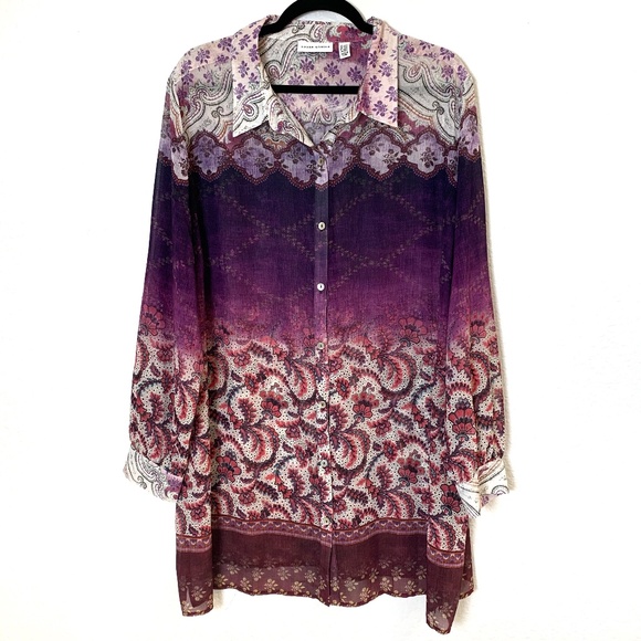 Susan Graver Tops - SUSAN GRAVER Purple Floral Chiffon Tunic Top Size 2XP Button Up Semi Sheer Artsy